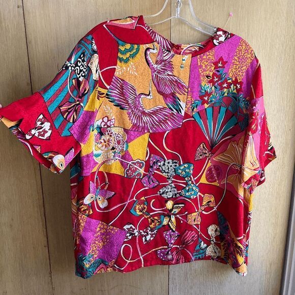 Louis Féraud Couture Designer Novelty Print Silk Blouse Asian Cranes, Bows, Butt - Picture 2 of 7